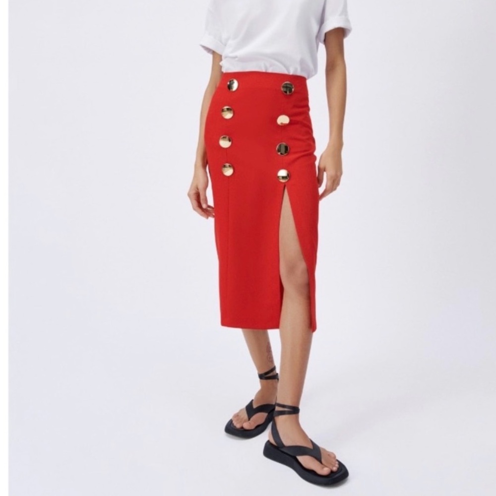 New! Zara Red Pencil Skirt with Gold Buttons